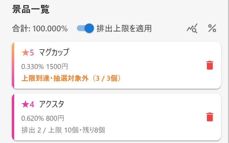 景品カードの排出数・上限・残数表示（上限到達・抽選対象外の状態）