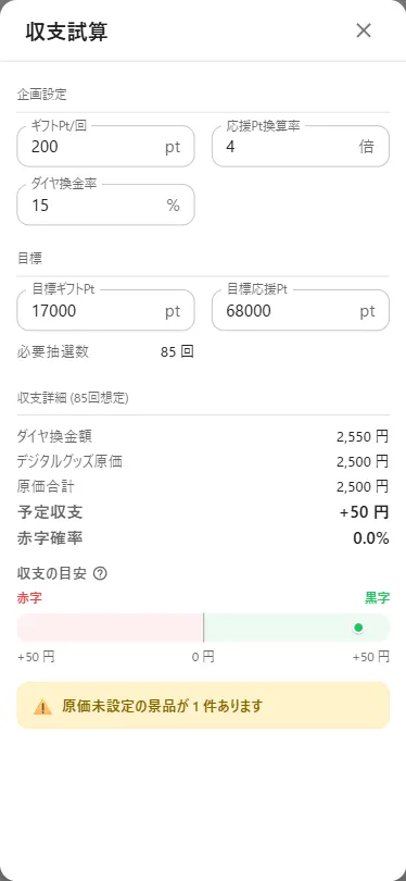 収支試算ダイアログ（役職ガチャ・85回想定）