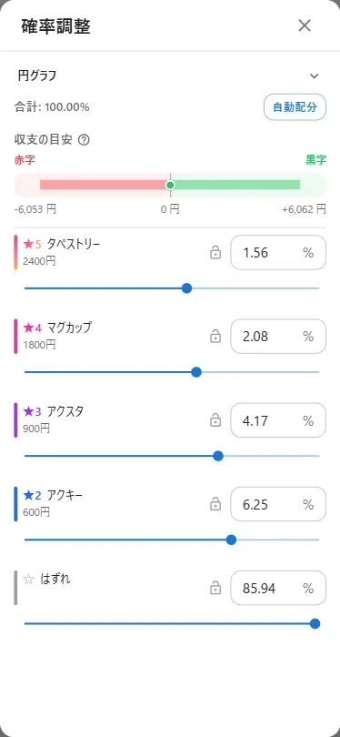 IRIAMリアグガチャの景品一覧画面（SORAE設定例・リアルグッズのみ）